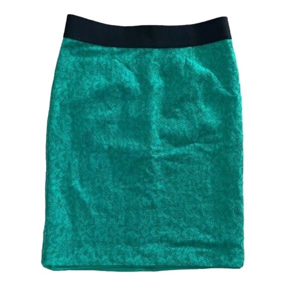 Alfani Emerald Green Lace Skirt w/ Black Band Waist, Gold Zippered Back, Sz 4 - Picture 1 of 15